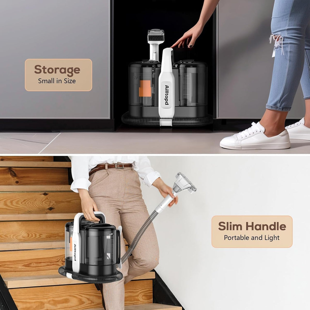 Upholstery Cleaner Machine, Powerful Suction & Portable Spot Remover, Deep Stain Cleaning for Carpet, Pets, Stairs, Car Seat, Couch, with Dual Size BrushHead and Cleaning Solutions
