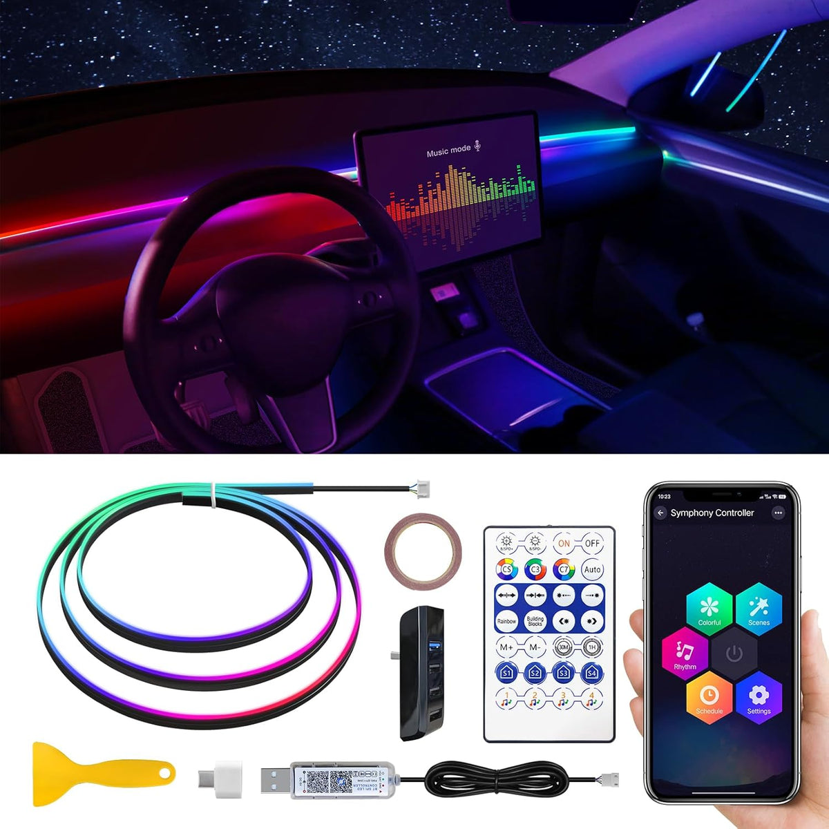 Dreamcolor Acrylic Interior Car LED Strip Light with USB Hub, 55.1 inches Fiber Optic Ambient Lighting Kits, RGB+IC Colors Sound Active Function Neon LED Strip