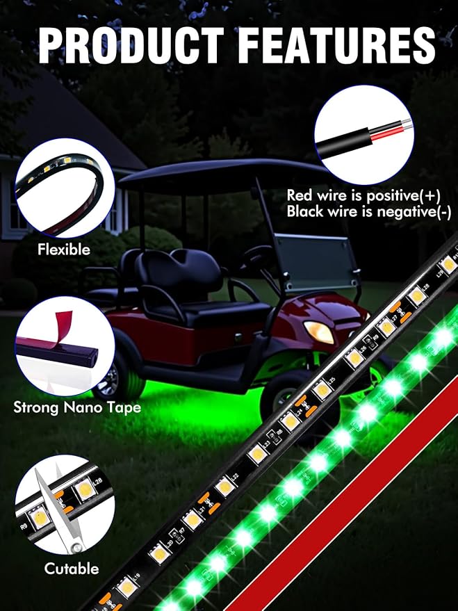 8 Pcs Car Led Light Strip IP67 Waterproof 11" Flexible Led Lights Underglow 12V for Car Motorcycle Boat Golf Cart Interior Exterior Decoration - Green