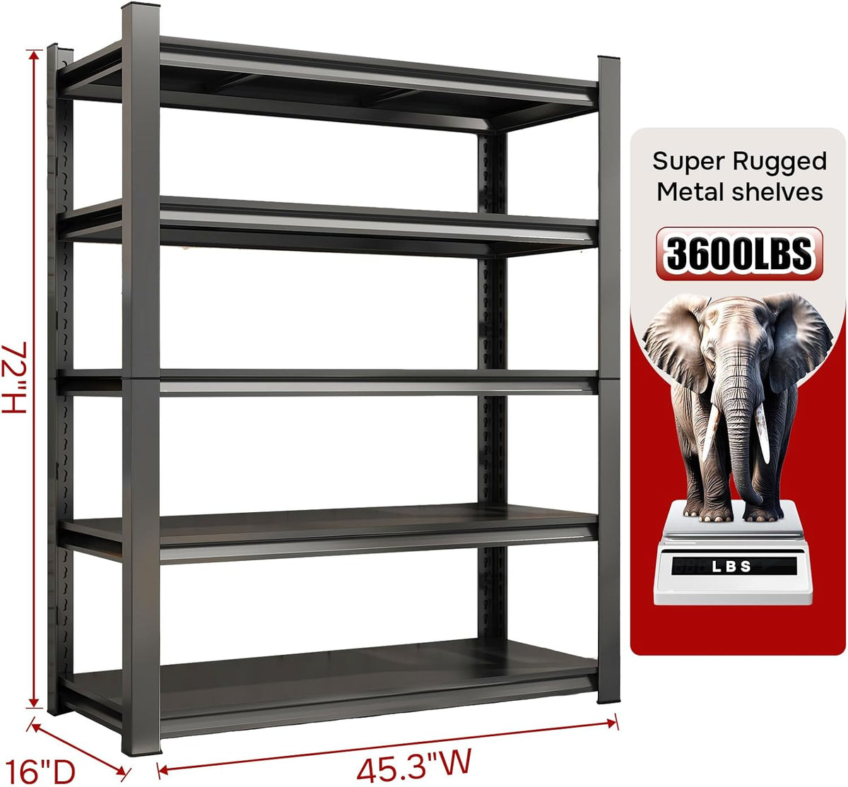 45.3" W Metal Garage Shelving Unit 3500LBS Metal Storage Shelves 5 Tier Adjustable Shelving Unit Garage Shelves for Kitchen Warehouse Pantry Basement,Rust-Resistant, 72" H x 45.3" W x 16" D,Black