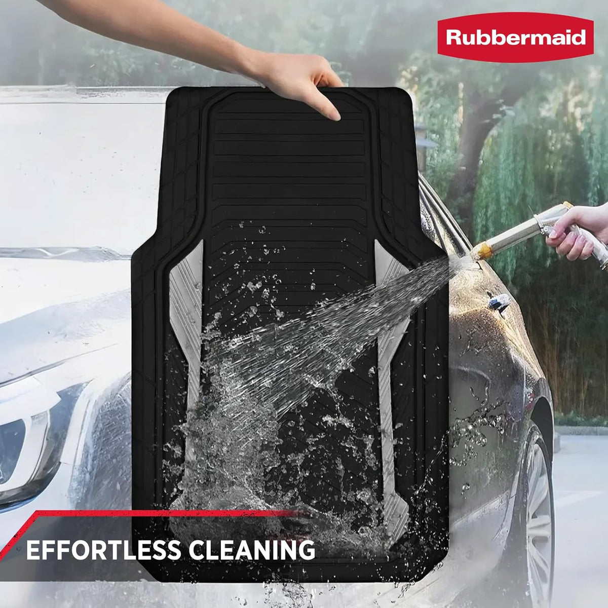 Rubbermaid Car Floor Mat, Heavy Duty All-Weather Car Mats Full Set with Dual-Tone Sliver Aluminum Inserts – Universal Fit, Anti-Slip Backing, Trim-to-Fit for Most SUV, Sedan, Van