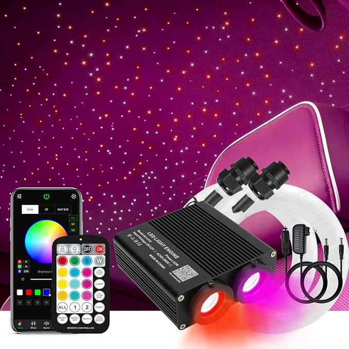 AKEPO 32W Dual-Head Different Color Music Activated Fiber Optic Lights, 900pcs of 0.03in End Glow Optical Fibers in 9.8ft+Remote/APP Control RGBW Fiber Optic Star Ceiling Light Kit Car Headliner Star