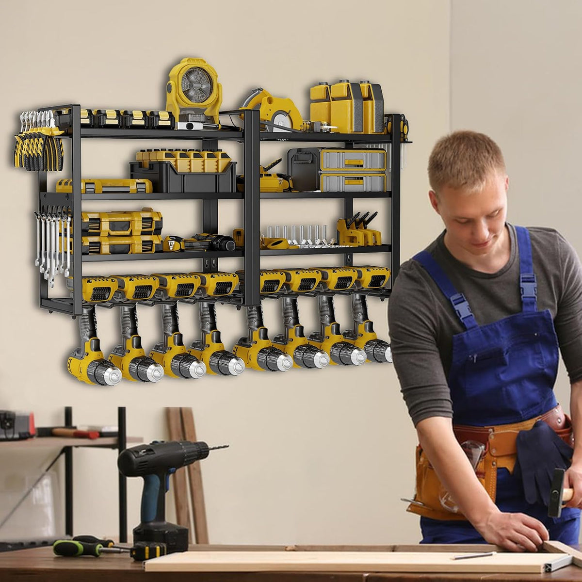 Large Power Tool Organizer Wall Mount, 8 Cordless Drill Holder, 4 Tier Metal Power Tool Shelf Battery Storage with 7 Hooks, Heavy Duty Utility Racks for Garage Workshop, Black
