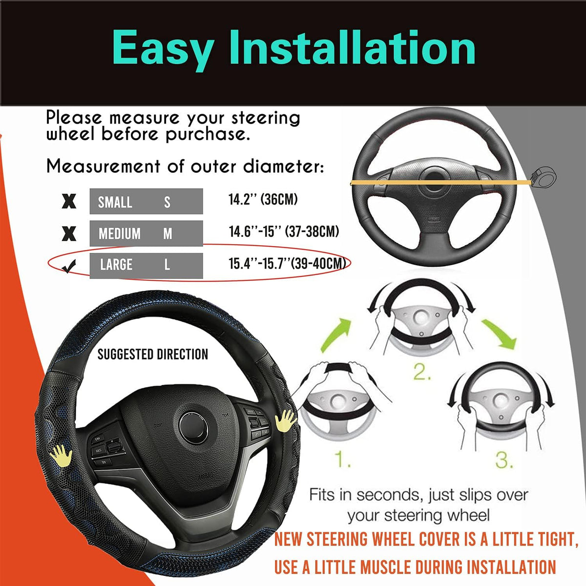 PINCTROT Large Size Steering Wheel Cover Great Grip with 3D Honeycomb Anti-Slip Design, 15.5-15.75 Inch (Blue)