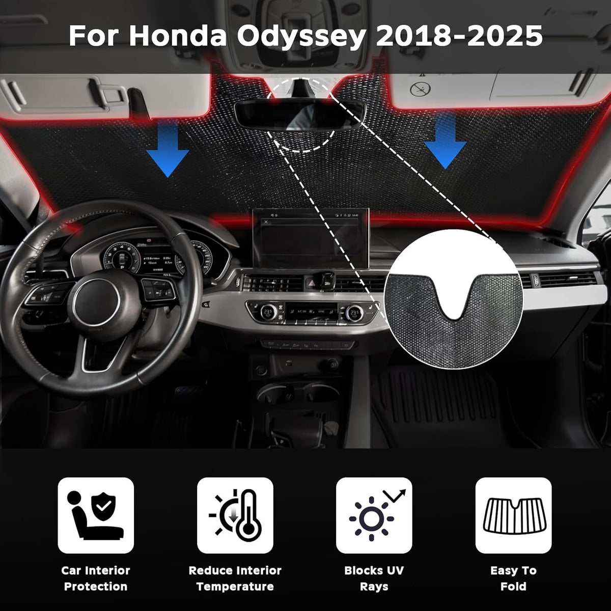Windshield Sun Shade for Honda Odyssey (LX EX EX-L Touring Elite Minivan) 2018-2025 - 5-Layer Bubble Foldable Front Window Shade Sun Visor Accessories - Blocks Heat & UV Rays