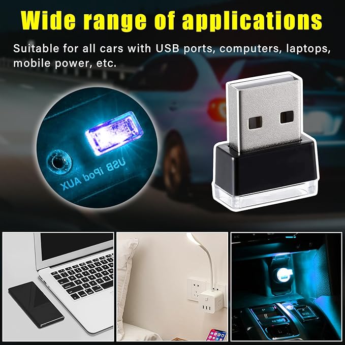 Augeny 4 PCS USB LED Car Interior Atmosphere Lamp, Plug-in USB Decor Night Light, Portable Auto Ambient Lighting Kit, Universal Vehicle Interior Accessories for Most Cars (Ice Blue)
