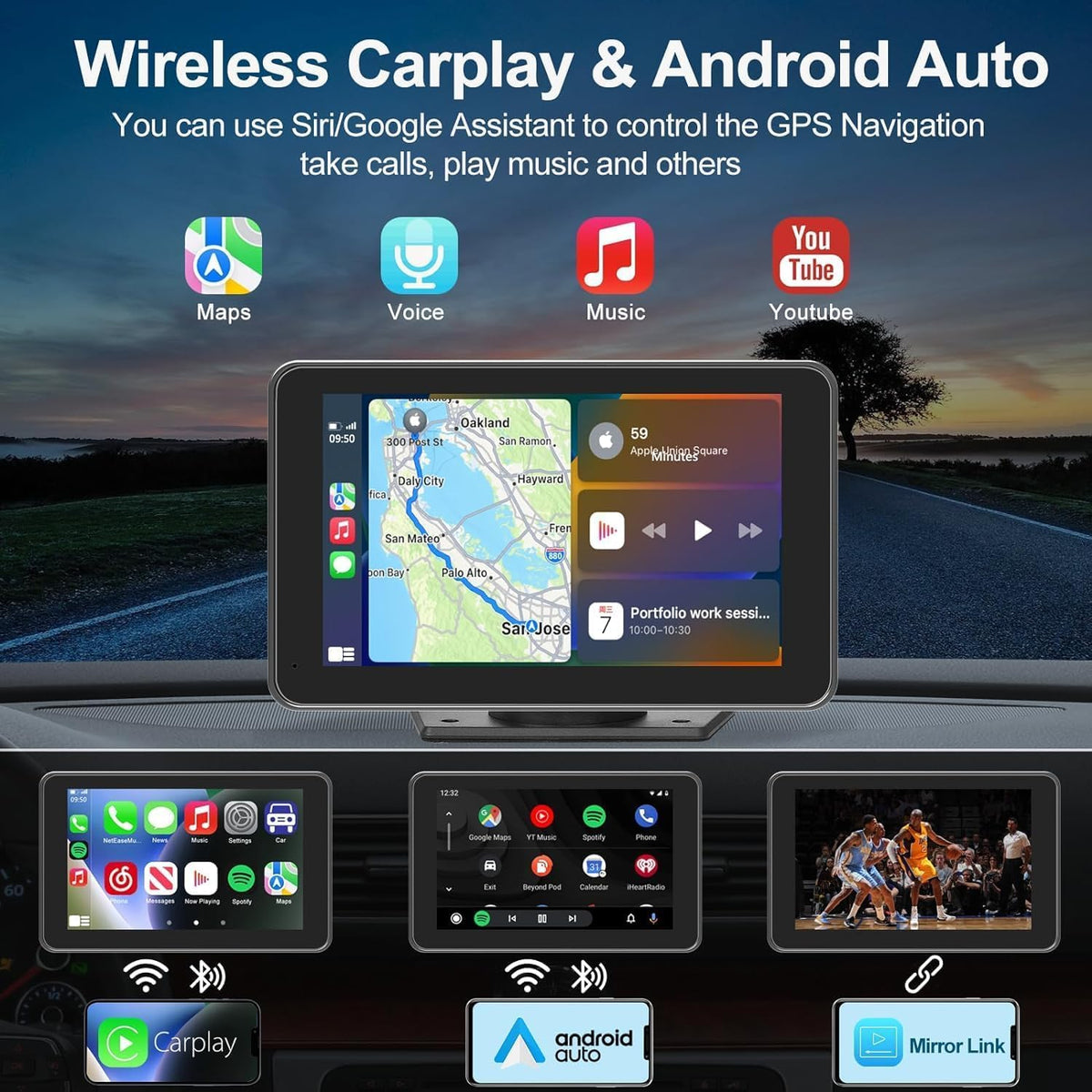 Portable Apple Carplay/Android Auto Screen for Car, 7 Inch HD Touch Screen Wireless Car Play with Backup Camera, Voice Control, BT, FM, Mirror Link for All Vehicle