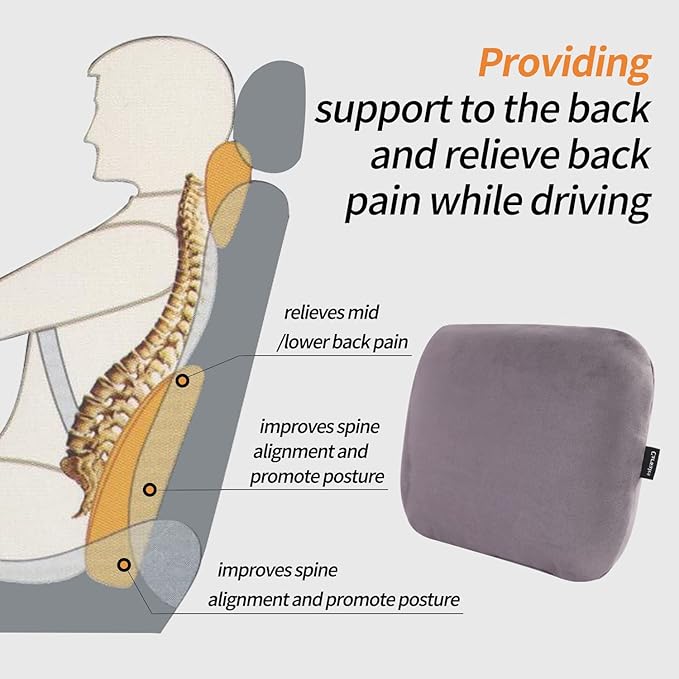 Lumbar Support Pillow for Car Seat Cushion Office Chair Thin Lower Back Pain Waist Support Driver Road Trip Accessories for Women Men Grey
