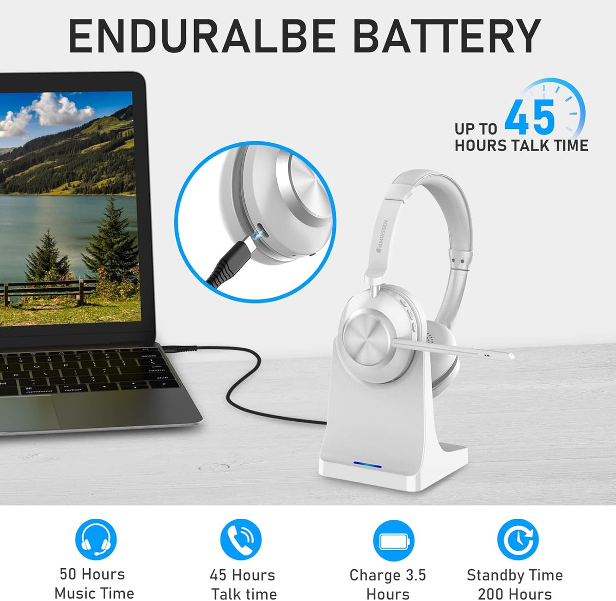 Wireless Headset with Mic for Work, Bluetooth Headset with Microphone (AI Noise Canceling & Mic Mute), Wireless Headset with USB Dongle & Charging Dock for Work/Home/Office/Call Center/PC/Laptop/Zoom