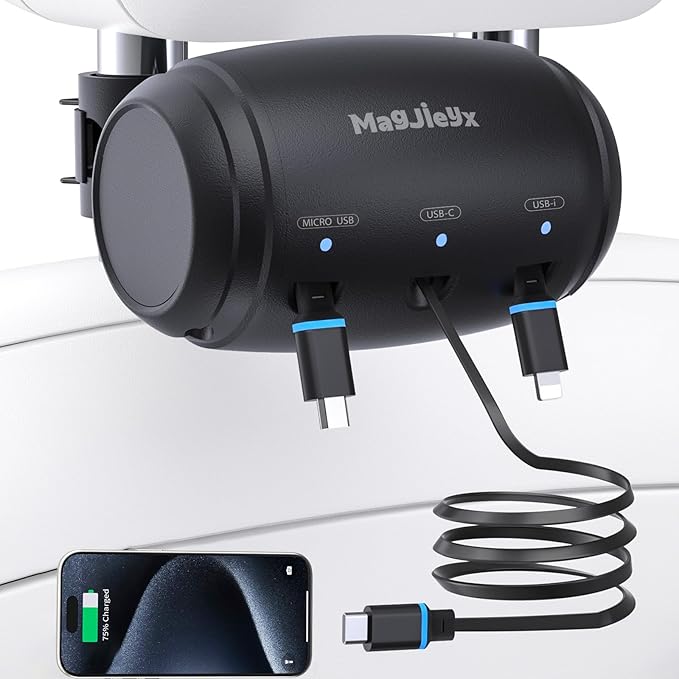 MAGJIEYX for Retractable Car Charging Station Box, 3 in 1 Headrest Fast Power Charging Dock Cord USB Type C Fits iPhone 17/16/15/14/iPad/Android/Samsung|Uber Lyft Backseat Passengers Share Rid