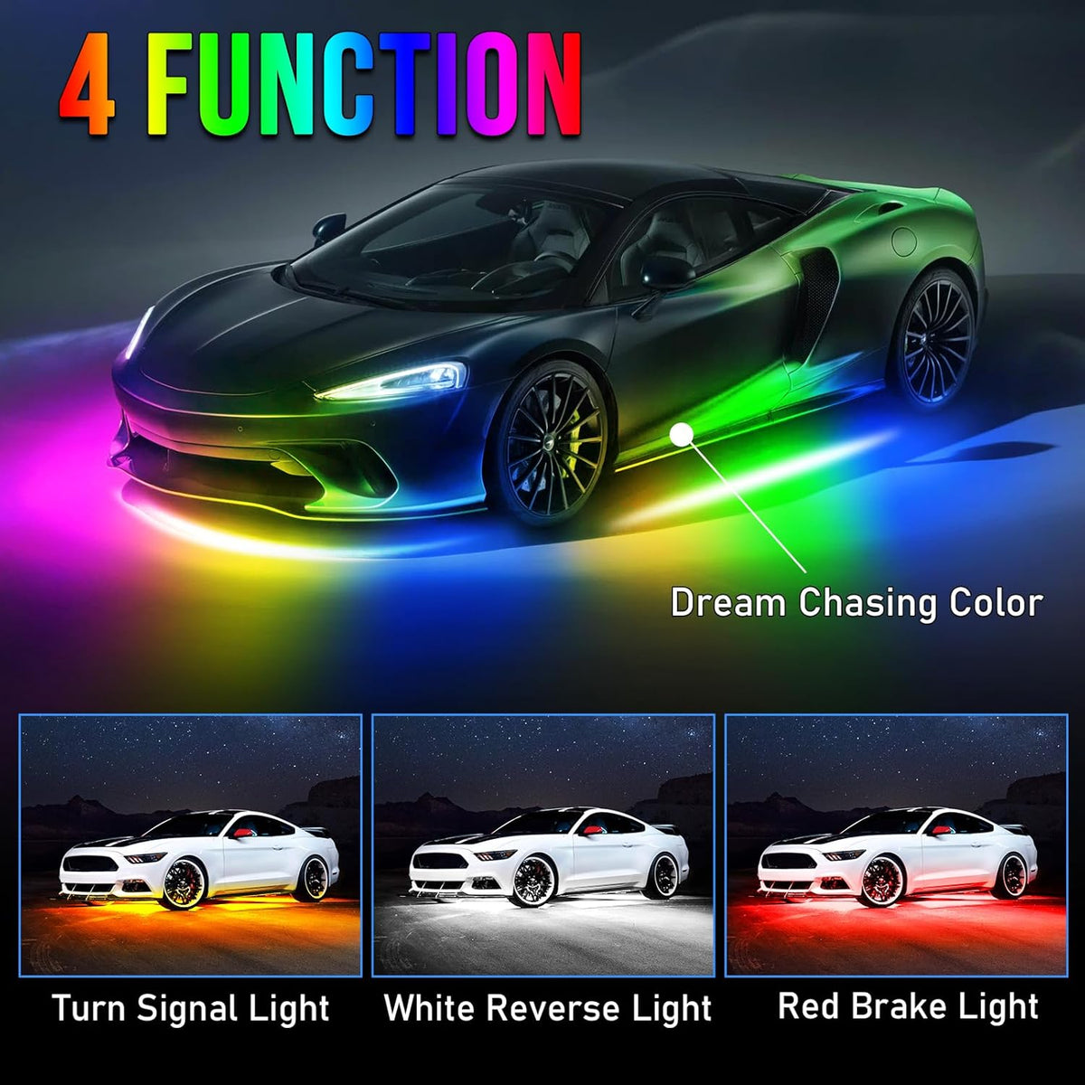 OPP ULITE Car Led Underglow Lights Aluminum Dream Chasing Color Accent Light Bar, RF Remote & APP Control Underglow Light Strip with Red Brake/Yellow Turn Signal/White Reverse Light Kit, 8PC Pack