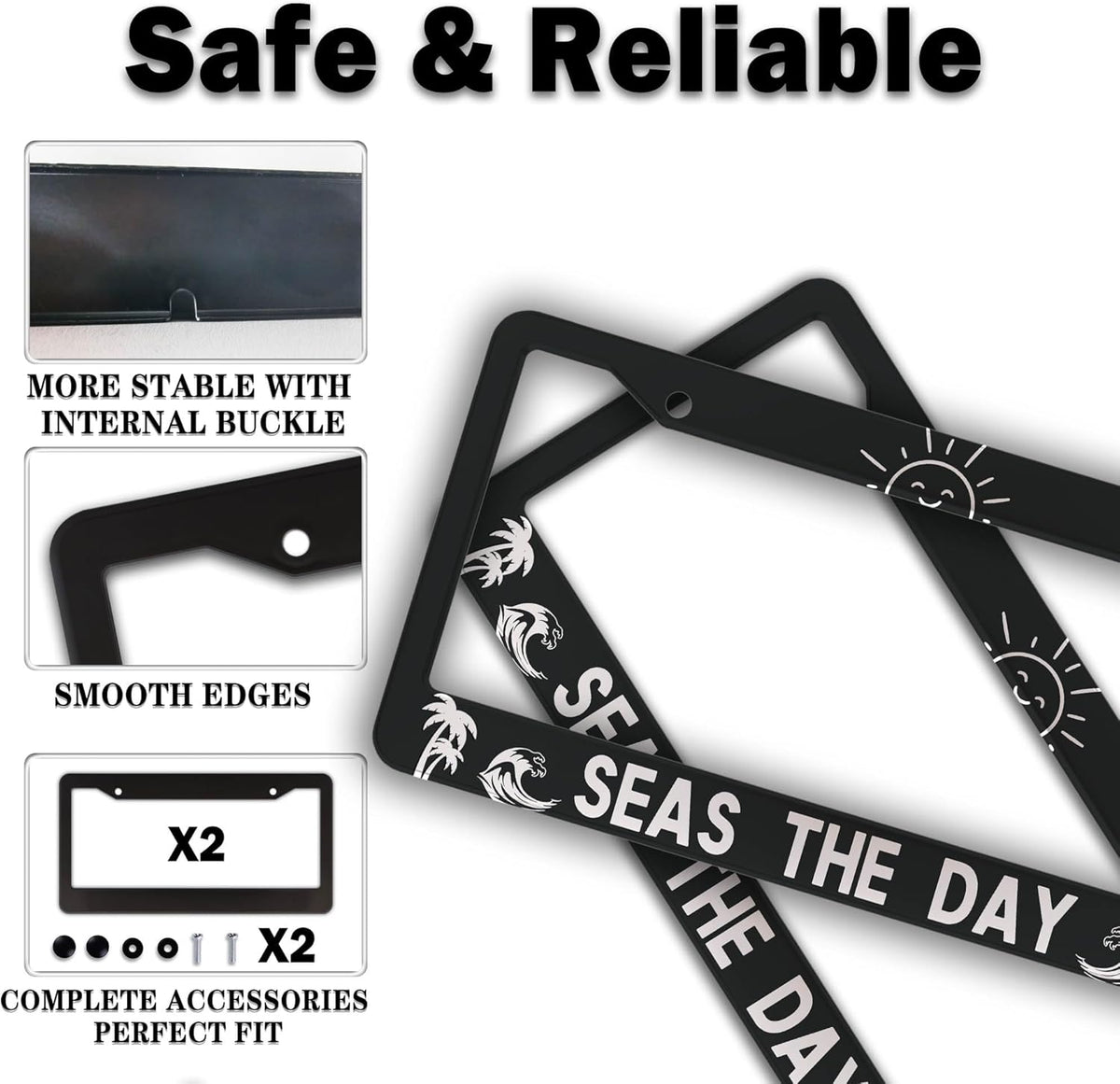 License Plate Frames for Men Black and White License Plate Cover for Women Seas The Day Aluminum Metal Car Accessory 2 Pack with Screw Covers Set