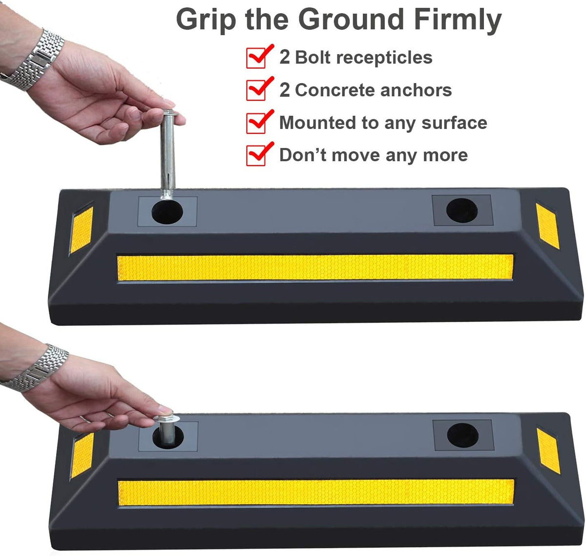 2 Pack Rubber Parking Guide Blocks Heavy Duty Wheel Stop Stoppers for Car Garage Parks Professional Grade Parking Rubber Curb w/Yellow Refective Stripes for Truck RV Trailer 21.25"(L)x5.7"(W)x3.54"(H)