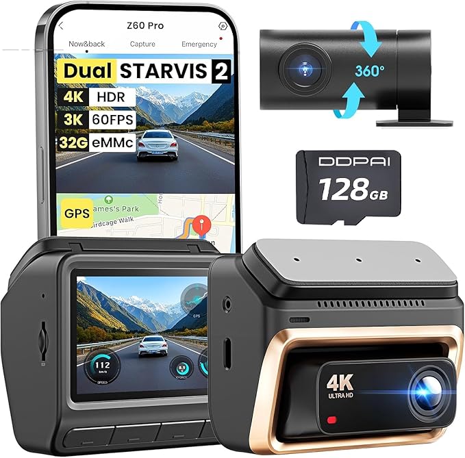 DDPAI 4K Dual Dash Cam Front and Rear, Dual STARVIS 2 IMX678 IMX662 Dashcam, Free 128G Card Included,Car Camera with 32G eMMC, 3K/60FPS, 5G WiFi GPS, 3" IPS, Night Vision, 24H Parking Mode, Z60 Pro