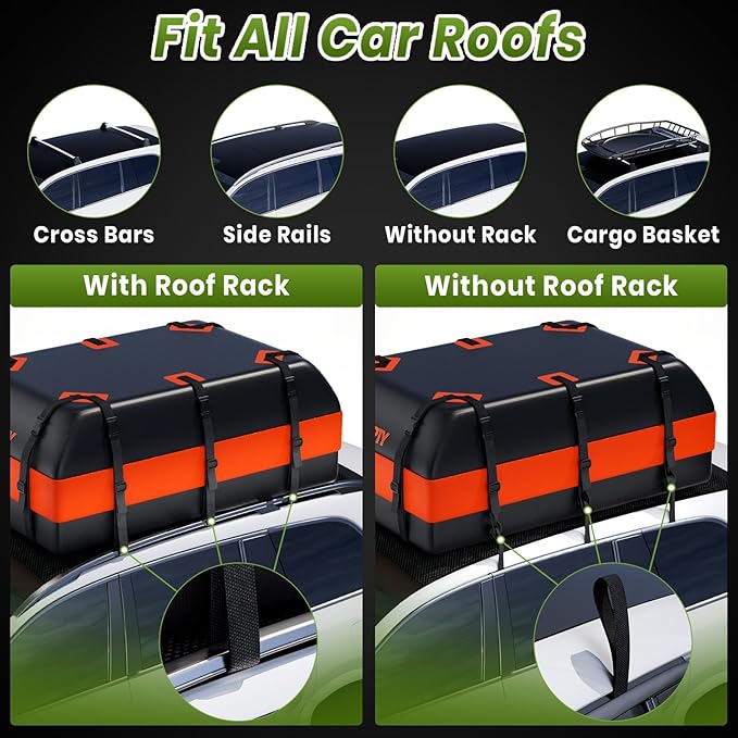 21 Cubic Feet Car Rooftop Cargo Bag Carrier, Soft Roof Top Luggage Bag for All Vechicles with/Without Racks - with Waterproof Zip, Luggage Lock, Anti-Slip Mat, Storage Bag, Door Hooks