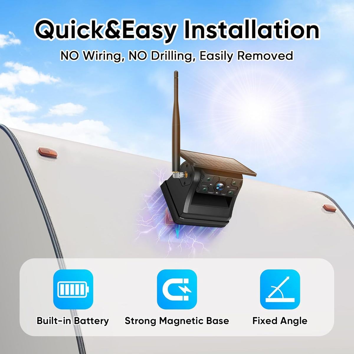 Portable 1080P Solar Magnetic Wireless Backup Camera with IR Night Vision, Easy Install Waterproof No Drilling, Rechargeable RV Camera 9900mAh Battery&Solar Panel for MYPIN Wireless Backup Camera kit