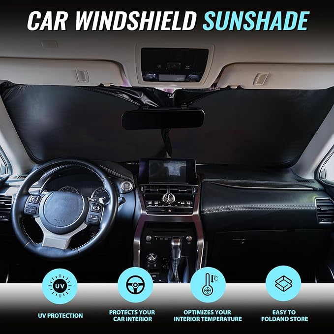 Car Windshield Sun Shade - Reflector Sunshade Offers Ultimate Protection for Car Interior, Cool Reflective Sun Blocker Fits Small Sedans, Mini SUVs