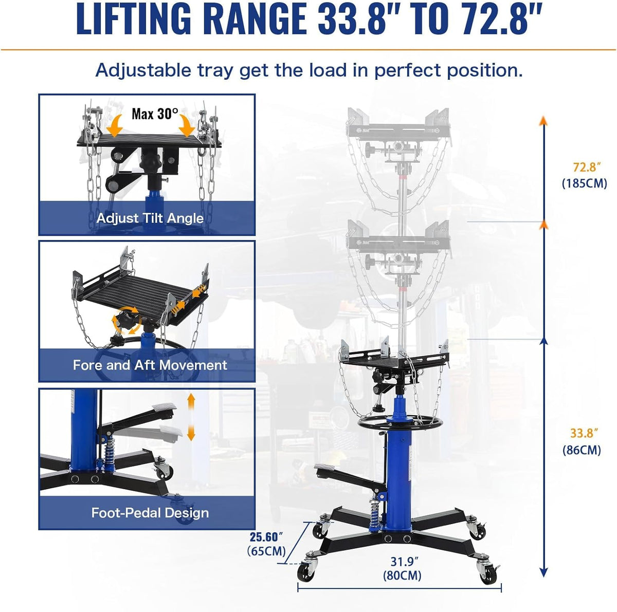 Transmission Jack with Wheels-Hydraulic Transmission Jack with Foot Pedal, 1/2Ton(1322LBS) High Telescoping Lift Jacks 33.8" to 72.8" for Garage and Shop