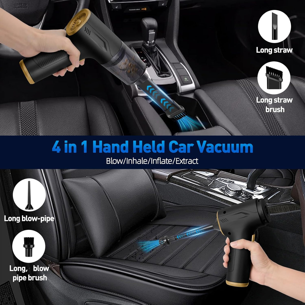 Handheld Car Vacuum Cleaner Cordless, High-Power Brushless 20000PA Mini Hand Held Cleaner with 8 Multi-Functional Nozzle & 2 Replaceable Filters, Portable Vacuum Cleaner for Car Office Pet Hair