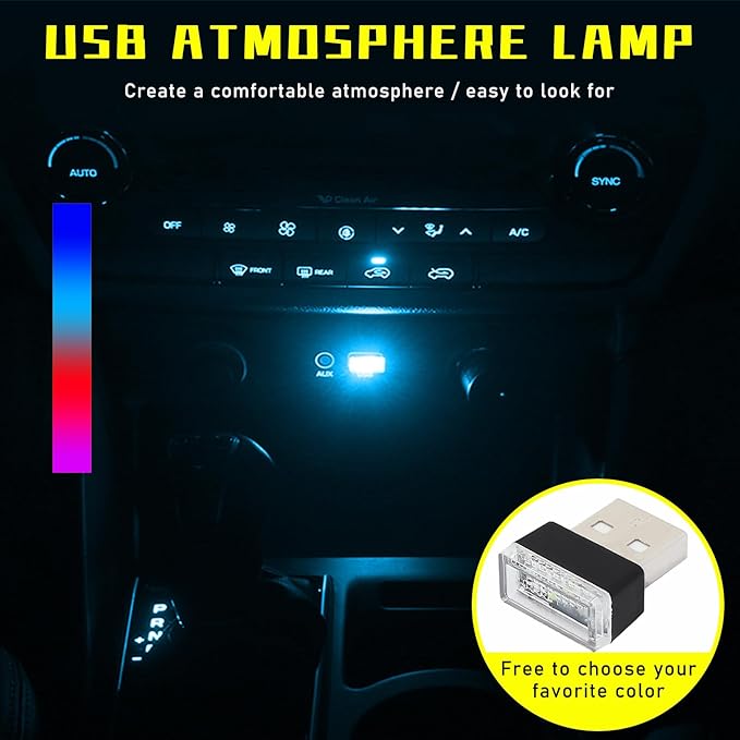 Augeny 4 PCS USB LED Car Interior Atmosphere Lamp, Plug-in USB Decor Night Light, Portable Auto Ambient Lighting Kit, Universal Vehicle Interior Accessories for Most Cars (Blue+Ice Blue+Red+Purple)