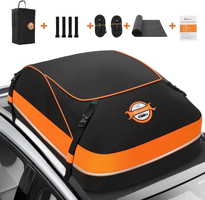 Sailnovo Rooftop Cargo Carrier, 15 Cubic Waterproof Soft-Shell Car Roof Cargo Carrier for Top of Vehicle with/Without Roof Rack, Car Top Carrier with Anti-Slip Mat, Safety Hooks & Storage Bag