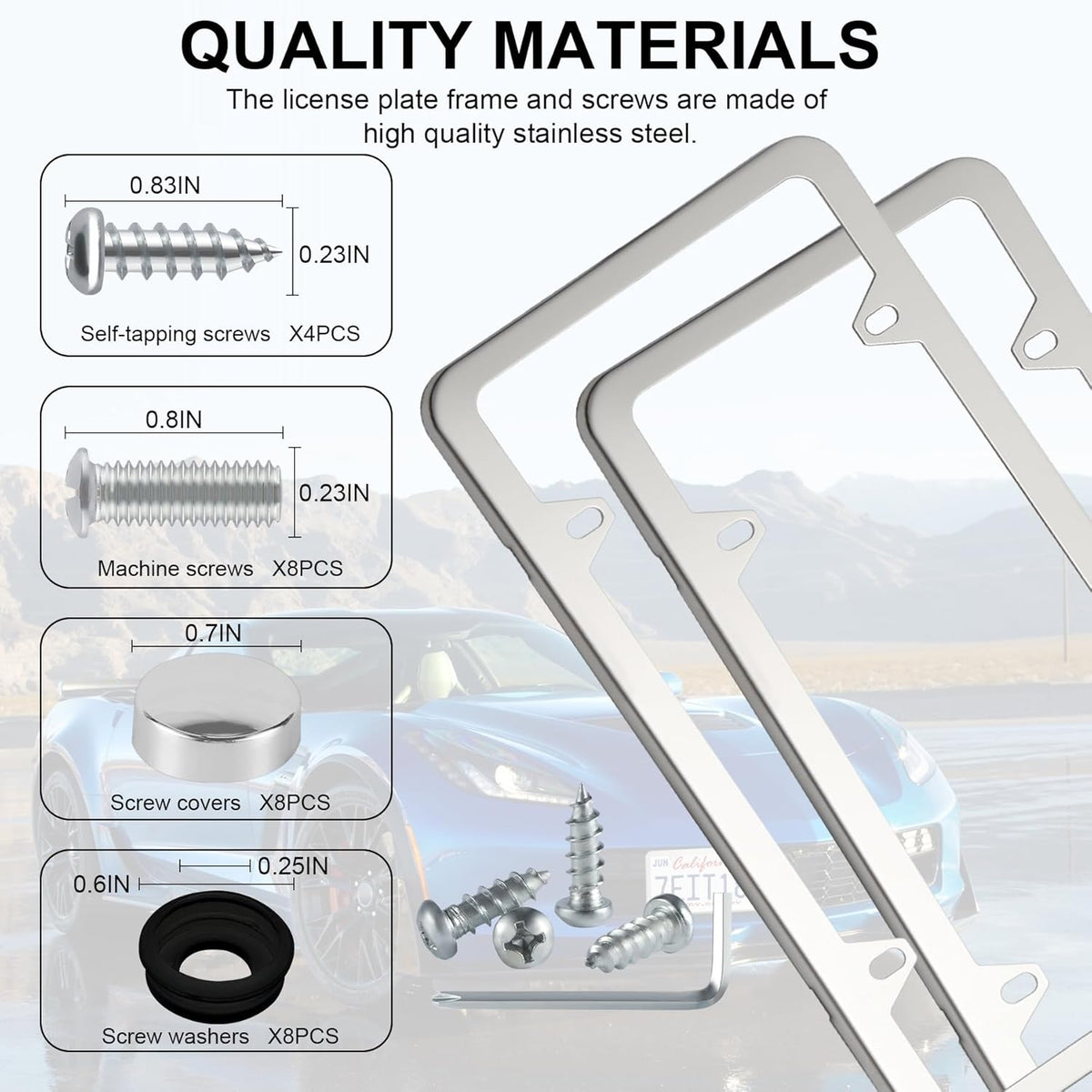 LivTee Chrome License Plate Frames, 4 Holes Stainless Steel License Plate Covers, 2PCS Car License Plate Holder, Automotive Accessories, Slim Design with Bolt and Gasket Cover for US Cars(Silver)