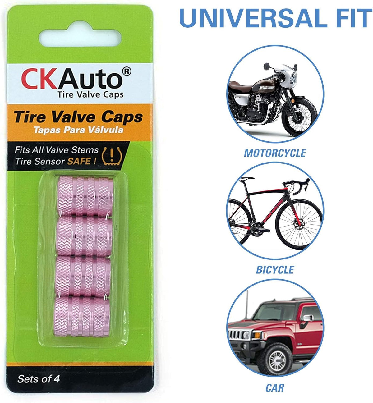 CKAuto Tire Valve Stem Caps, Pink, 4 pcs/Pack, Anodized Aluminum Tire Valve Cap Set, Corrosion Resistant, Universal Stem Covers for Cars Trucks Motorcycles SUVs and Bikes