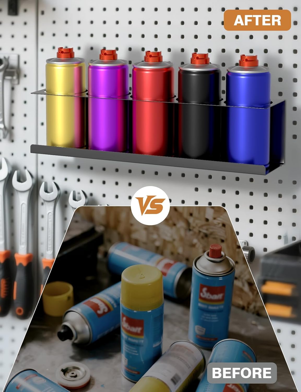 6 Pack Spray Can Holder Organizer, Wall-Mounted Steel Spray Bottle Rack, Tool Box Storage Rack, 5 Cans Metal Paint Can Organizer for Garage, Workspace, Shop, Home or Tool Trailer, Black