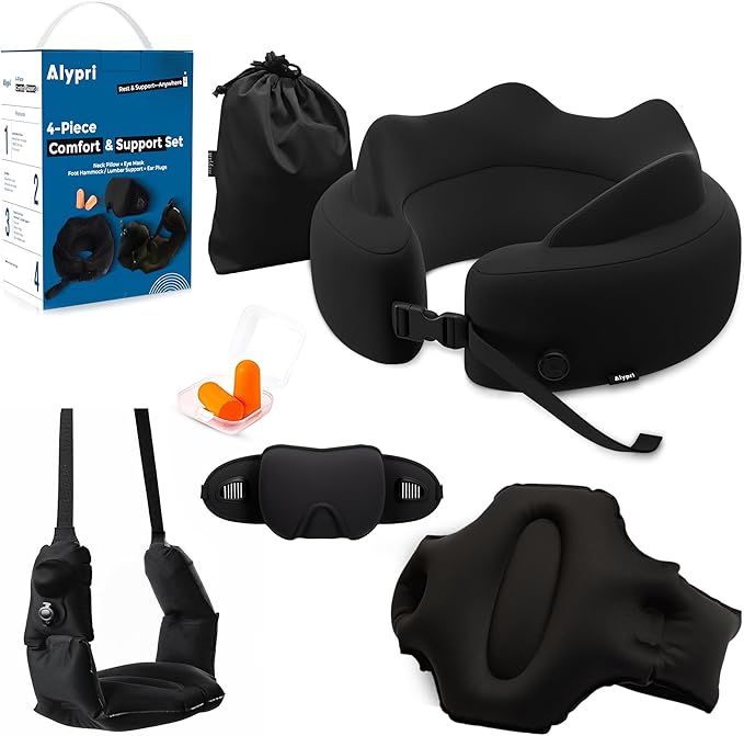 4-in-1 Travel Set – Inflatable Neck Pillow, Convertible Lumbar Support & Foot Hammock, 3D Sleep Mask & Ear Plugs – Complete Comfort Kit for Airplane, Office & Car – Gift-Ready (Black)