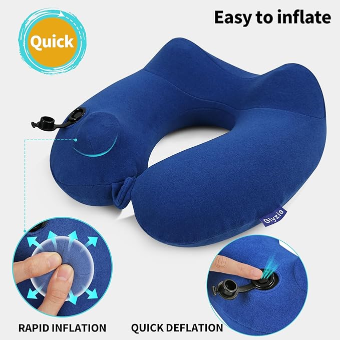 2 Pack Inflatable Travel Neck Pillows for Airplanes, Head Support Velvet Adult Neck Pillows for Long Flight, Kit with Eye Mask, Earplugs and Storage Bag, 2, Navy Blue