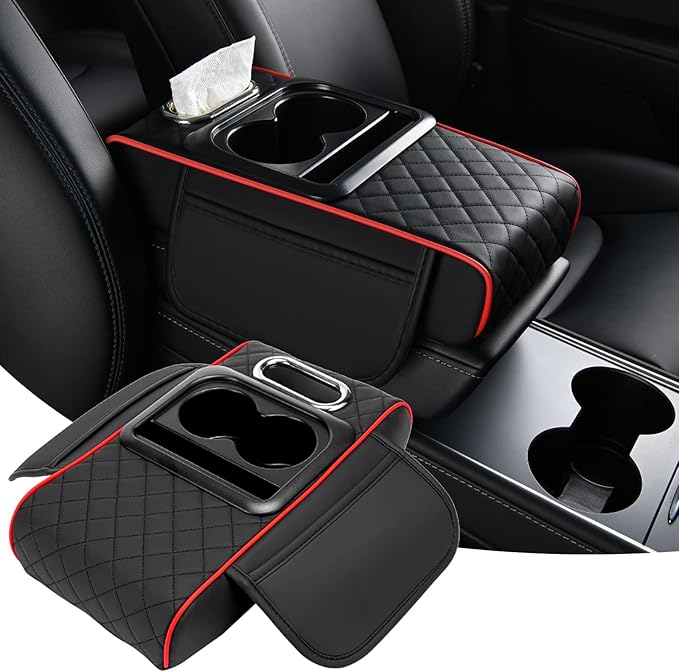 Car Armrest Cushion, 5 in 1 Center Console Cover with 2 Cup Holders, Phone Holder, Tissue Holder, Storage Bag, Multifunctional Leather Heightened Car Armrest Cushion for Most Cars