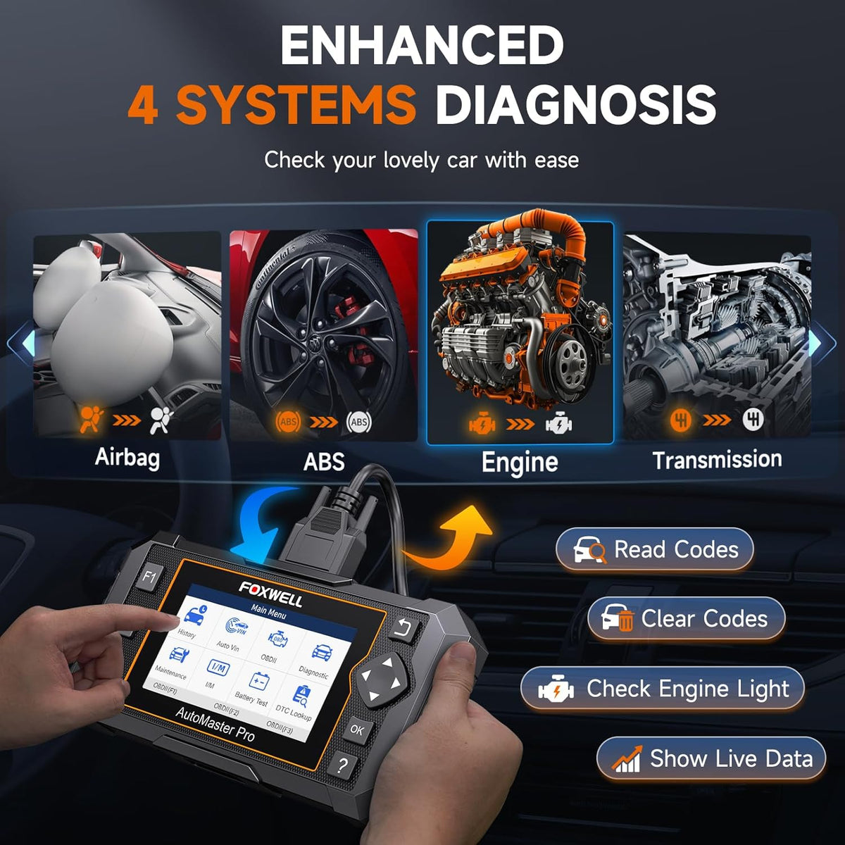 FOXWELL NT614 Elite OBD2 Scanner 4 System Code Reader Scan Engine ABS SRS Transmission, 5 Resets Oil/EPB/ABS Bleeding/SAS/Throttle Live Data, Auto VIN, WiFi Updates Car Diagnostic Tool for DIY & Pros