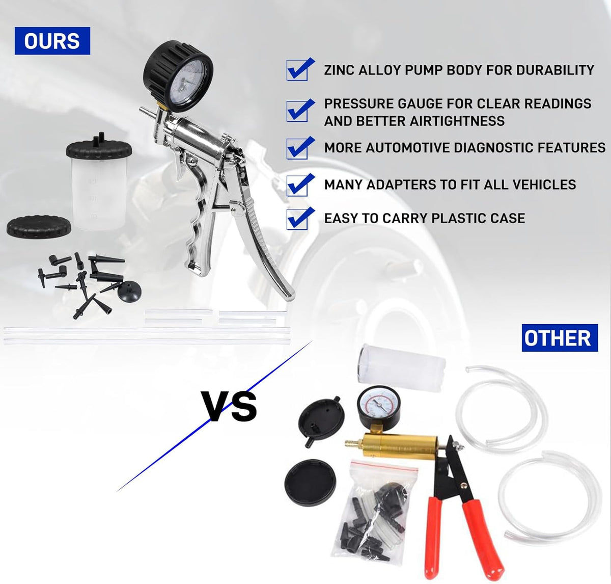 Hand Vacuum Pump Brake Bleeder Kit - Zinc-diecast Metal, Single Person Design for Brake & Clutch Bleeding, Automotive Tuning & Testing