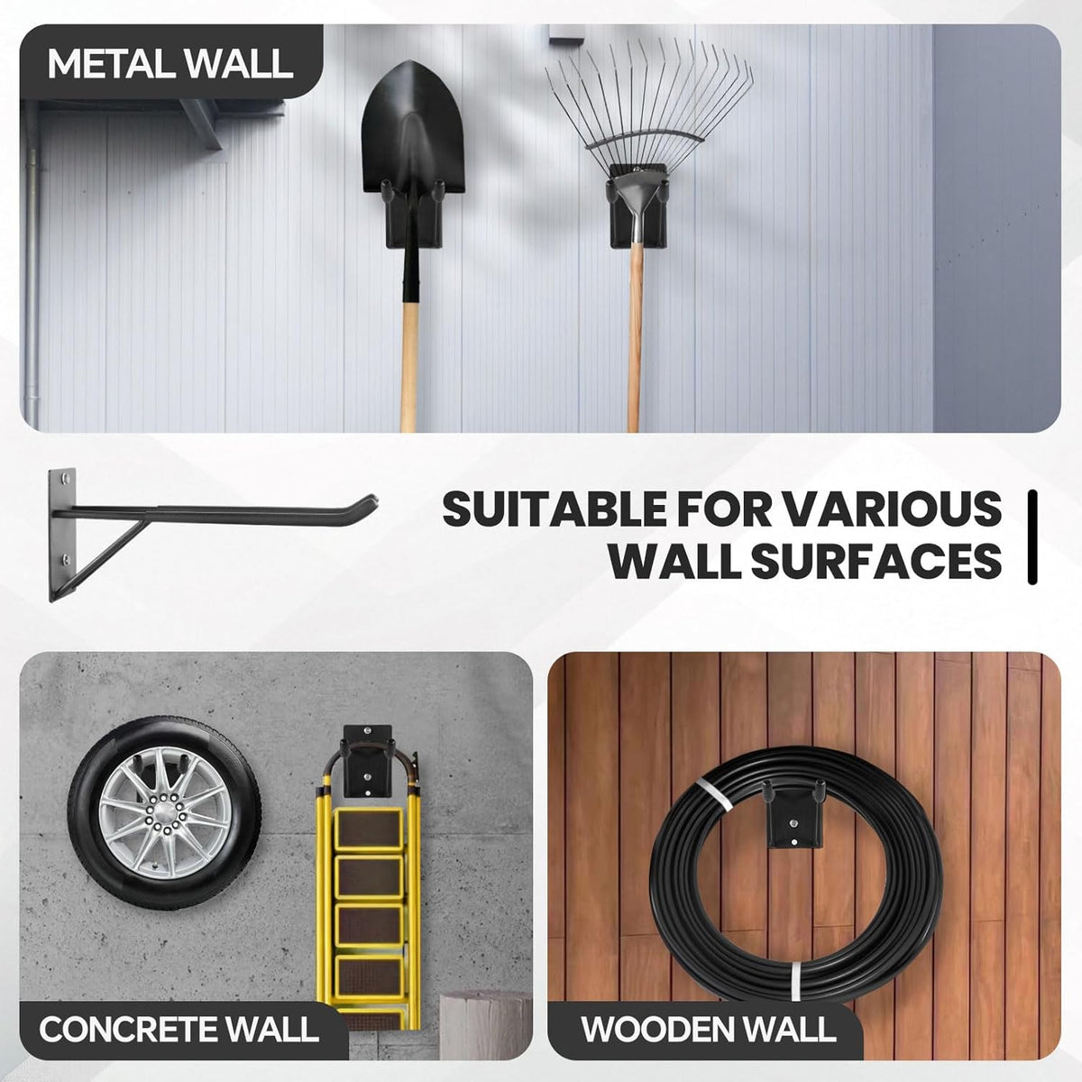 14" Large Heavy Duty Garage Hooks, 4-Pack Steel Garage Storage Hooks with Support Rods, Utility Wall Mount Hangers for Power Tools, Car Tires, Ladders, Chairs, Garden Tools and More