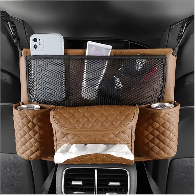 zipelo Car Handbag Holder Between Seats, PU Leather Multi-Pocket Large Capacity Purse Holder, Auto Net Bag Barrier of Backseat Pet Kids, Car Seat Organizers and Storage for Cargo Tissue Cup (Brown)