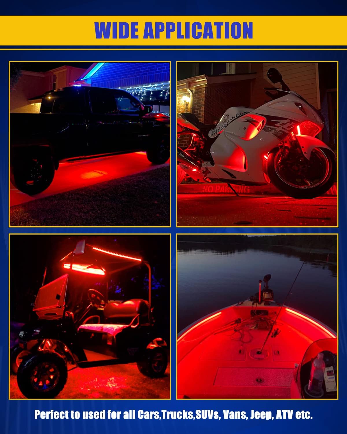 Red Car LED Strip Light,24inch 12V Interior Light Strip IP68 Waterproof Cuttable for Car Motorcycles Boat Golf Cart Truck Cargo Home Decoration with Strong Nano Tape(4PCS)