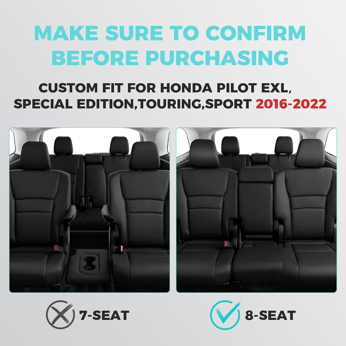 for Honda Pilot Seat Covers - Full Set Custom Car Seat Protectors Fit Pilot EX-L, Special Edition, Touring, Sport 2016 2017 2018 2019 2020 2021 2022-8 Seats,Faux Leather, Black