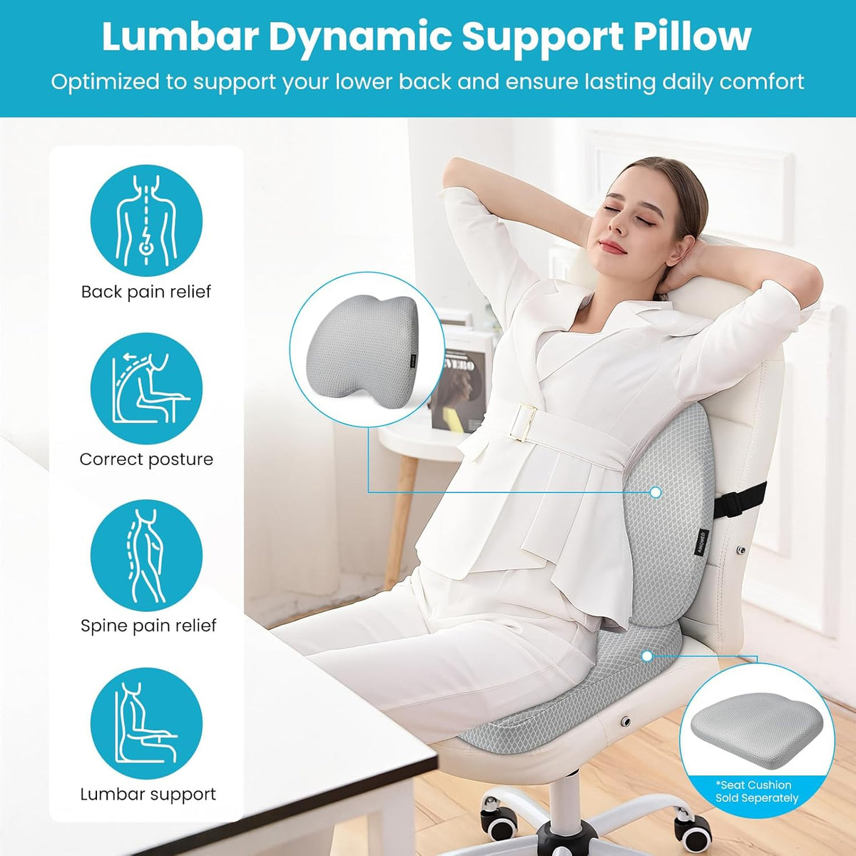 Lumbar Support Pillow Office Chair Car Back Pillow Ergonomic Lower Back Pain Relief Breathable Air Fiber Cushion with Hours Sitting on Worker Driver & Handicapped, Adjustable Strap (Light Grey)