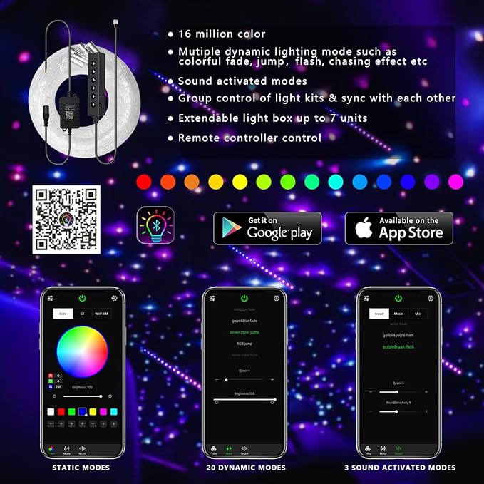 AKEPO 3.2W 6-Hole RGB Headliner Starlight Kit, 6.5ft 240pcs*0.75mm/0.03in APP Control Colorful Color Chasing Sound Activated Fiber Optic Lights