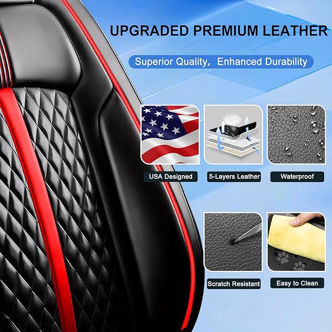 Fit Civic Car Seat Covers (5 Seats) for Select Honda Civic 2020-2026 Sedan (Not for Coupe), Full Coverage Leather, Waterproof All-Weather Breathable Seat Cushion Protector (Full Set, Red Trim)