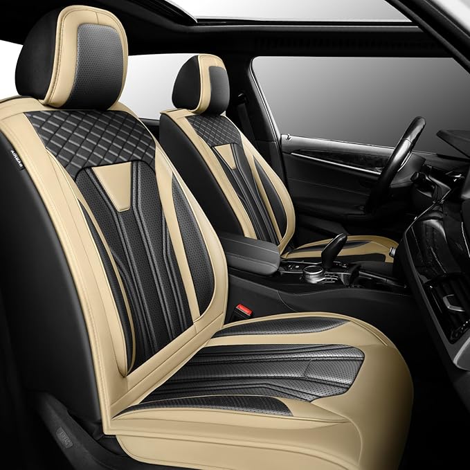 Fit Sonata Car Seat Covers Premium Leather for Hyundai Sonata 2007-2025 2026. Waterproof， Breathable, Scratch-Resistant & All-Weather Seat Cushion Protector（Front Seat,Beige&Black