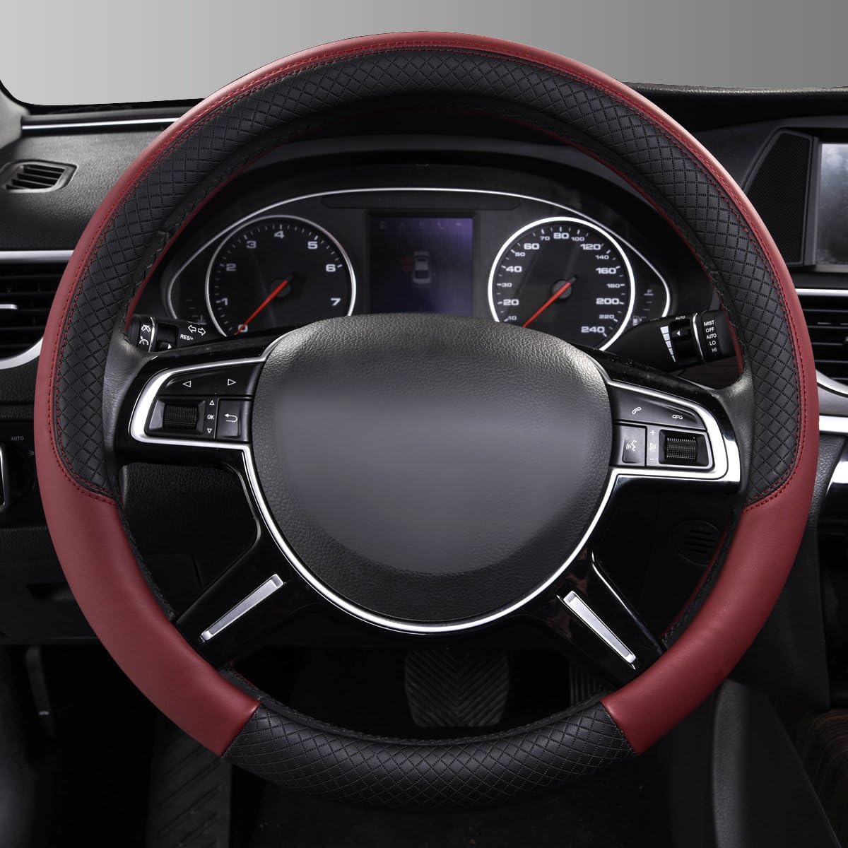CAR PASS Rhombus Leather Universal Steering Wheel Cover, Fit for Suvs,Trucks,Cars,Sedans,Vans (Black&Burgundy)
