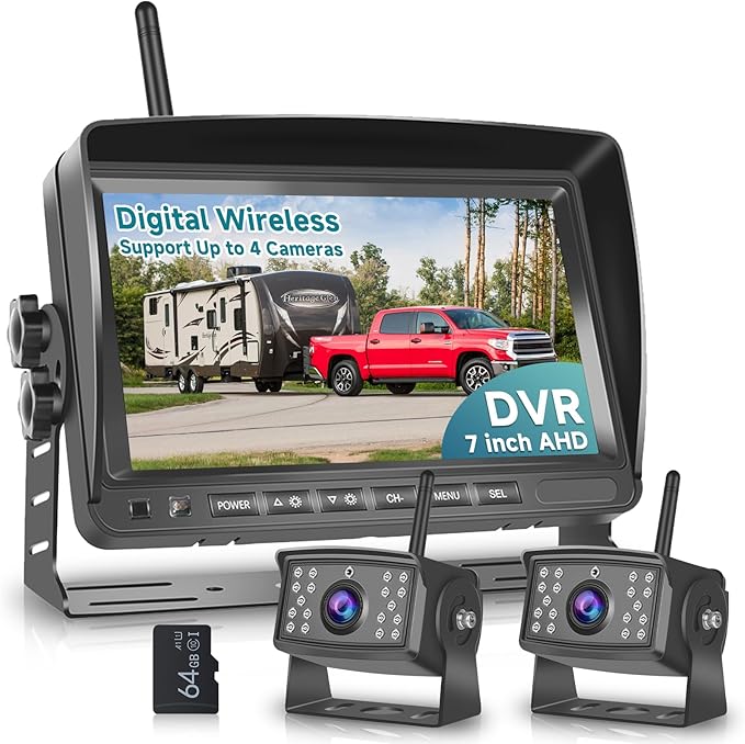 Wireless Backup Camera for RV, 7" IPS Monitor Kit+ 2 AHD Rear View Camera Waterproof Night Vision DVR Recording, Wireless Reverse Camera 12V-36V for Truck/Trailer/RV/Camper/Excavator/Caravan