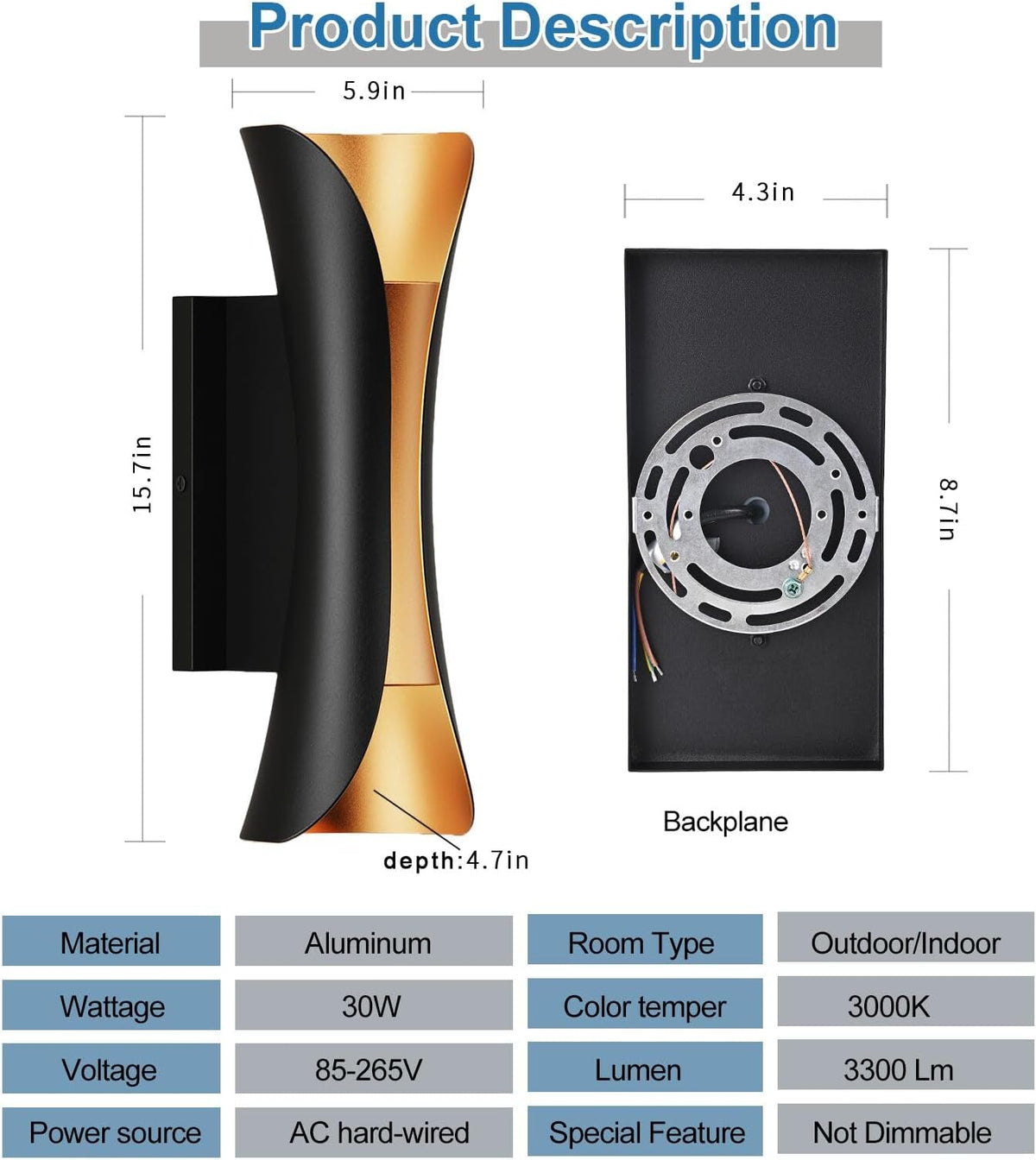 Modern 30W LED Outdoor Wall Lights Up Down Wall Sconce, Black Gold Aluminum Exterior Lighting, IP65 Waterproof Outdoor Light Fixture for Porch, Patio, Garage, Entryway