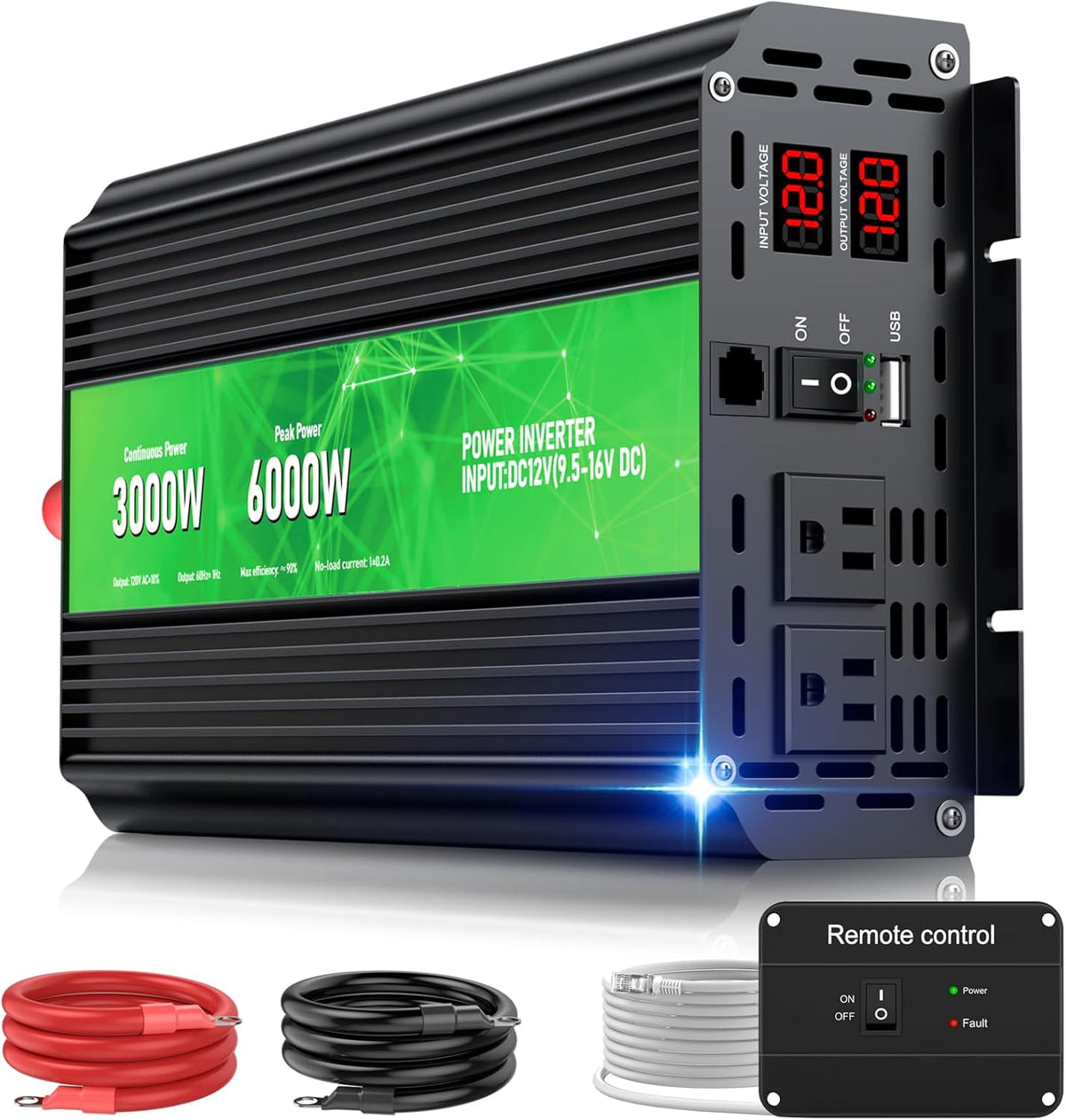 3000W Power Inverter,Peak Power 6000W 12V DC to AC 110V120V,Remote Control with 2AC Outlets and 2.4USB Port,LCD Display for Power Converter,Outdoor Activities,Emergency,Vehicles Truck RV Solar System