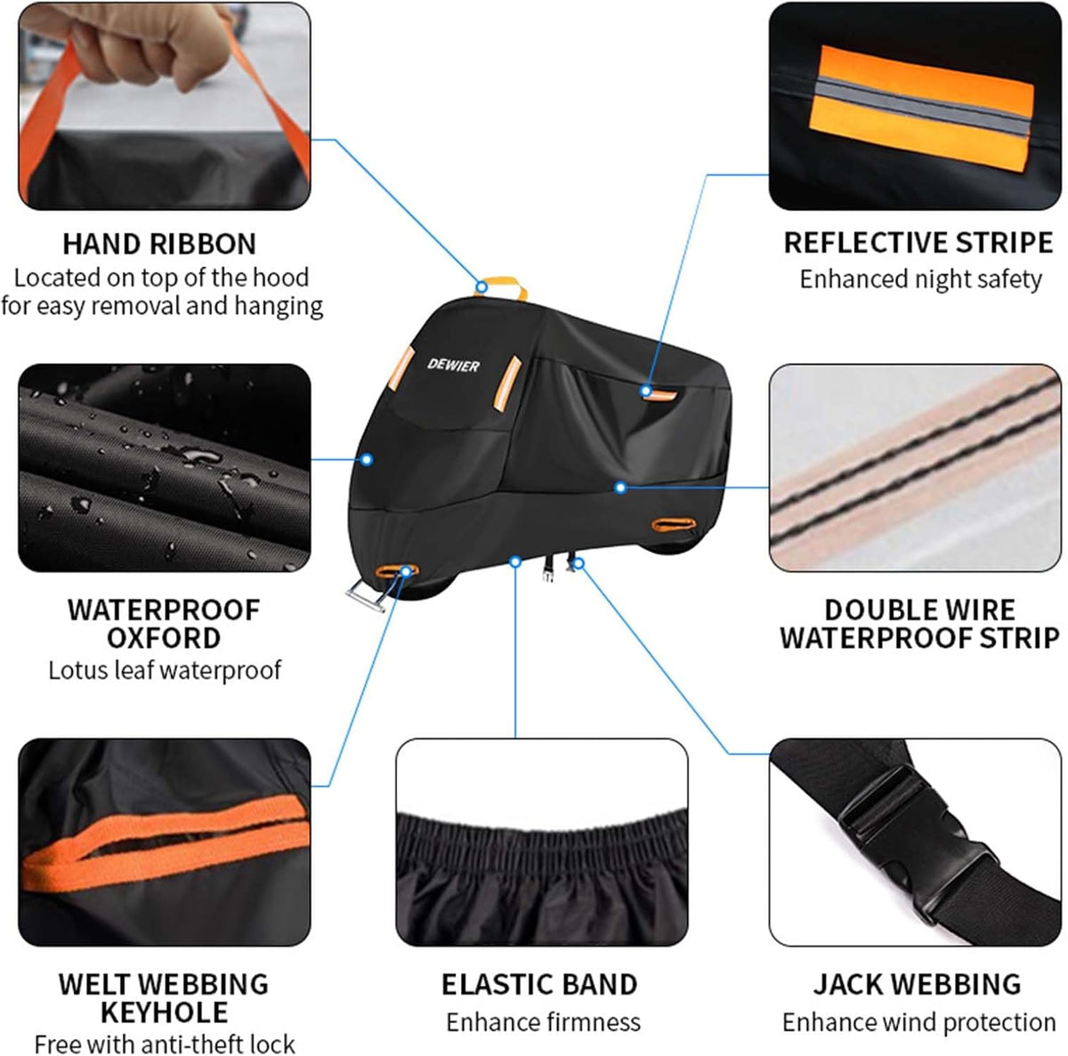 Motorcycle Cover Waterproof Outdoor, 420D Heavy Duty, XL90.5in, All Season Protection, Windproof Clasps, Storage Bag, Night Reflective Design, Fits Motorcycles, 1-2 Bikes Ebikes