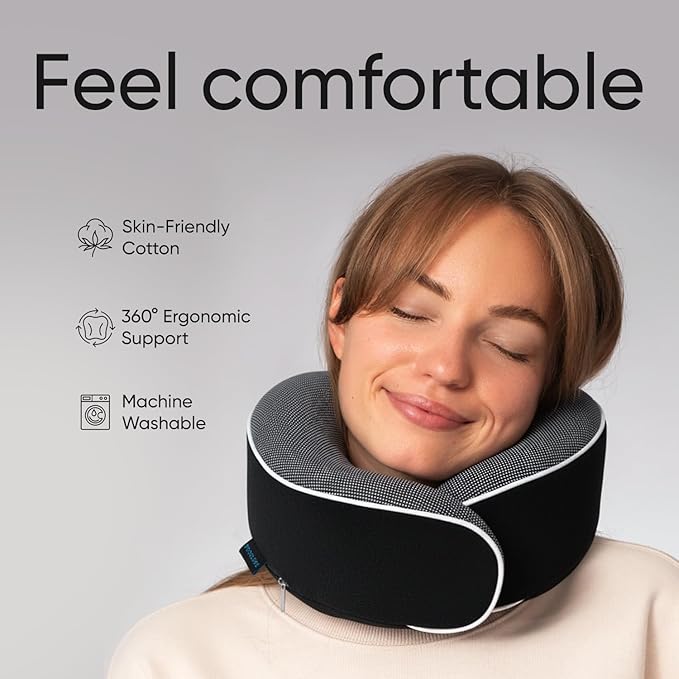 Proglobe Orthopedic Neck Pillow, Travel Neck Pillows for Airplanes, Memory Foam Kit, 360° Head Support, Airplane Pillow Set with 3D Contoured Eye Masks, Earplugs, and Luxury Mesh Bag (Black)