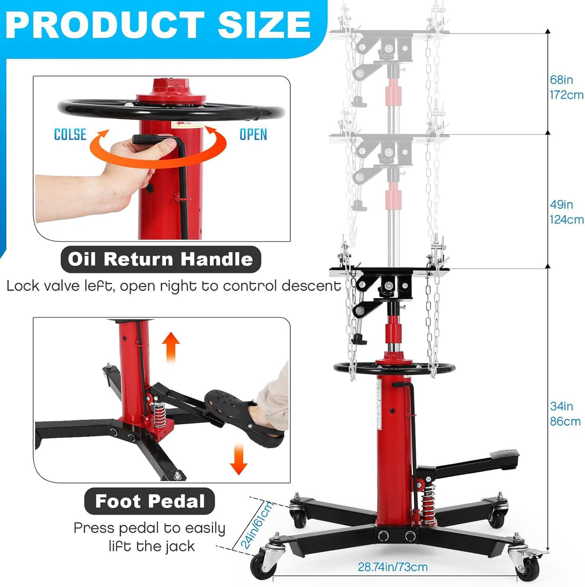 Transmission Jack, 1100LBS (1/2 Ton), Hydraulic Telescoping Transmission Jack, 32"-67" Transmission Jack Stand with Foot Pedal & 360° Swivel Wheels for Garage and Car Lifting,