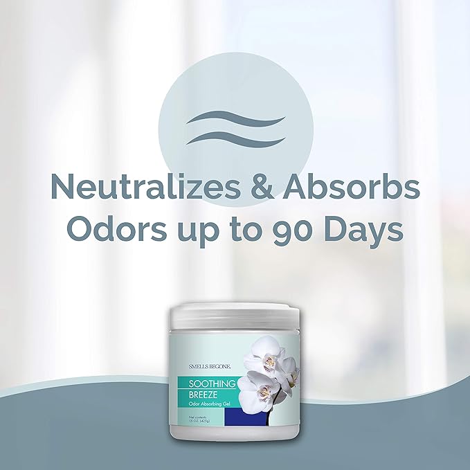 SMELLS BEGONE 15oz Gel Odor Eliminator - Absorb & Remove Tough Odors in Pet Areas, Bathrooms, Basements, Garage, Cars, RVs & Boats - Eliminate Odors Quickly (2-Pack, Soothing Breeze)
