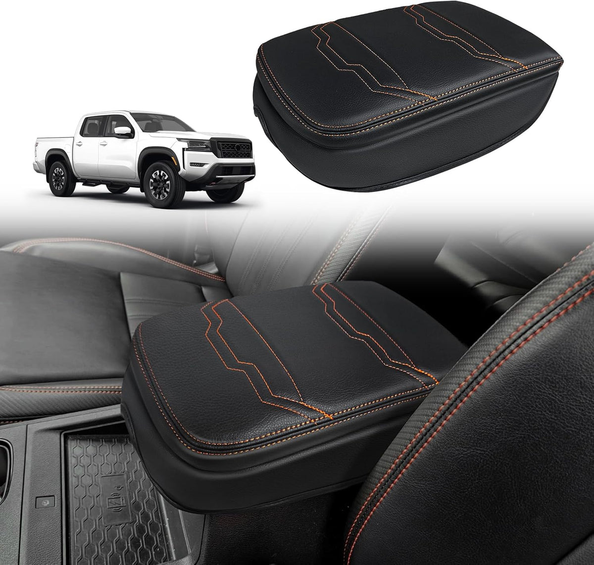 Muslogy for Frontier Center Console Pad Armrest Box Cover Vegan Leather Soft Accessories Armrest Lid Protector Compatible with Nissan Frontier 2022-2024 2025(Extra Thick, V2 Orange Stitching)